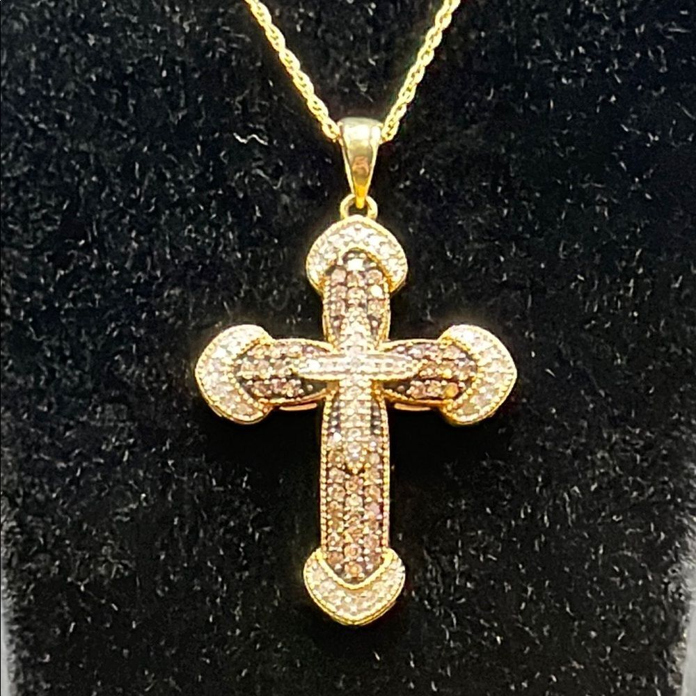 Gold over Silver White and Smokey Diamonds Cross Necklace